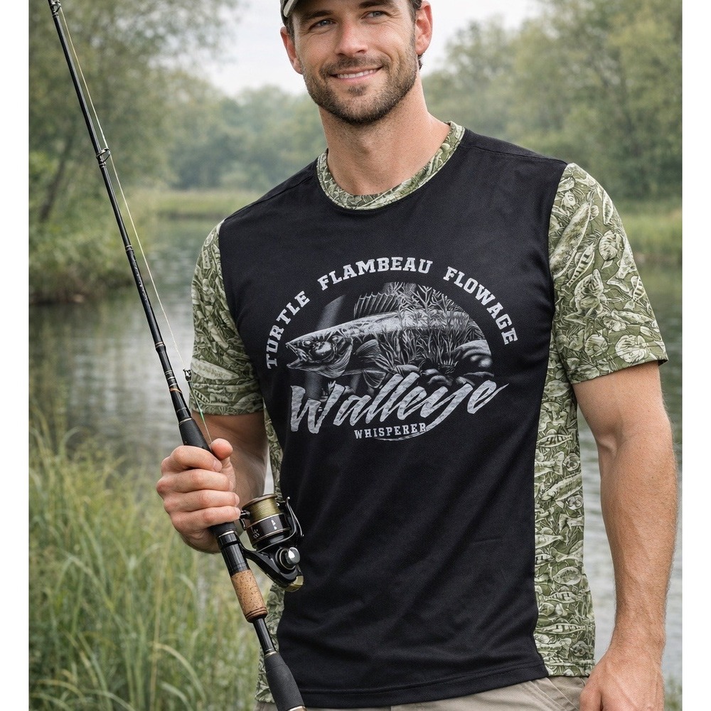 Art Unlimited Walleye Whisperer Fishing Camo T Shirt Mens M-L Graphic Tee Black